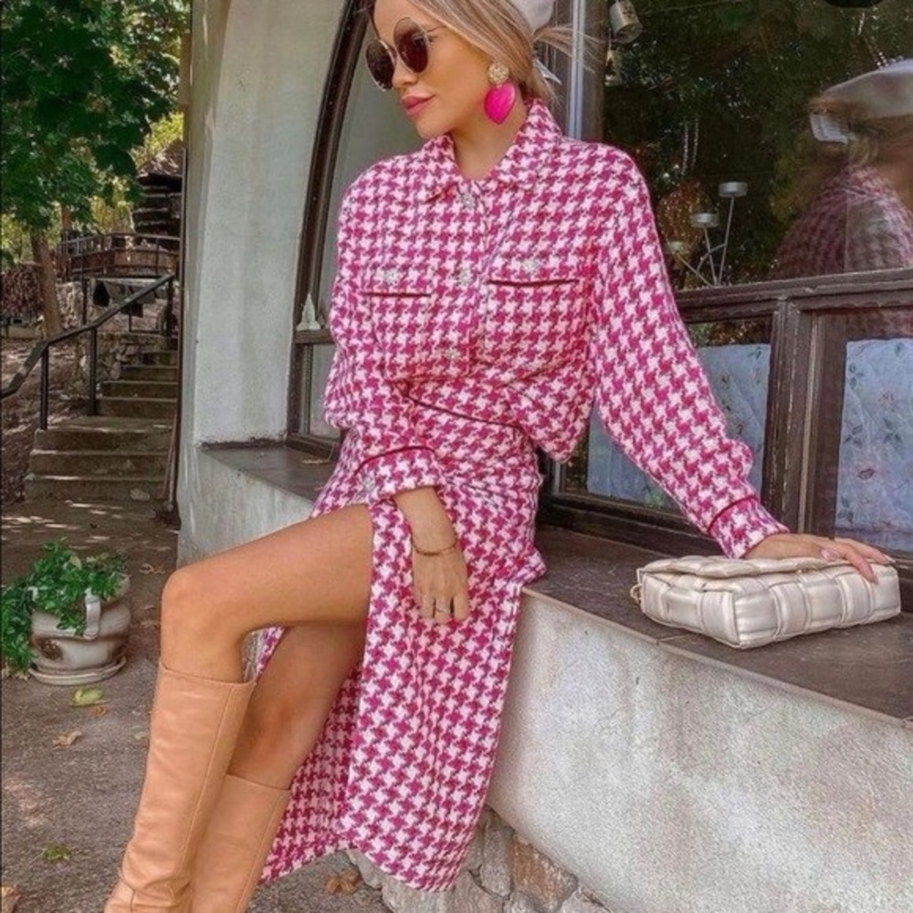 Zara Tweed Textured Weave HOUNDSTOOTH CROPPED BLAZER and Skirt Set Pink/White